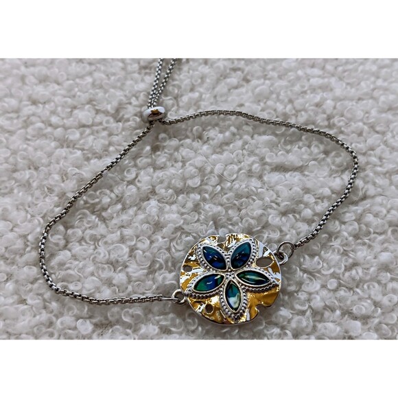 Dainty Silvertone Abalone Sand Dollar Bolo Bracelet - Picture 4 of 9